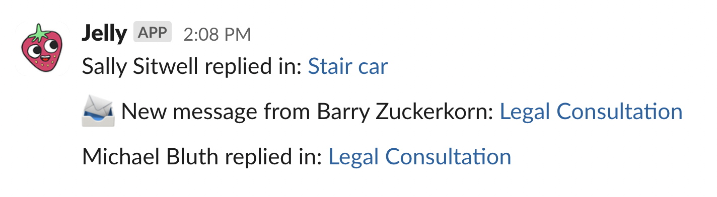A screenshot of Jelly notifications in Slack.