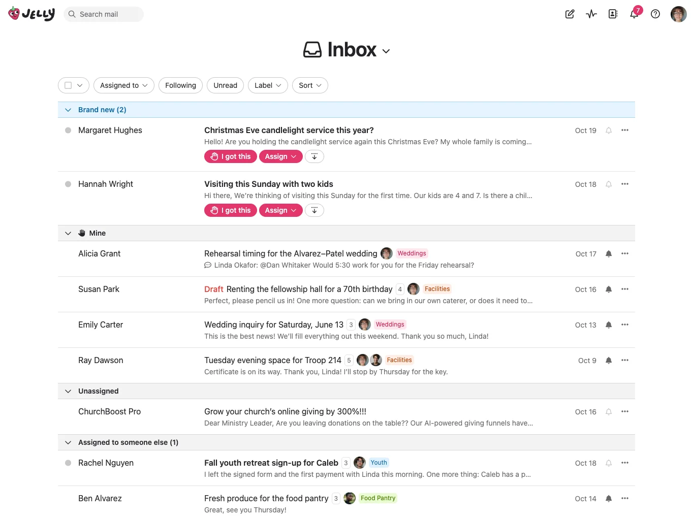 A church office’s shared inbox in Jelly, showing who’s got each email