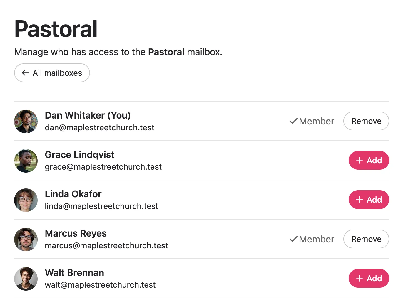 Access settings for a Pastoral mailbox in Jelly, with only the church’s two pastors as members