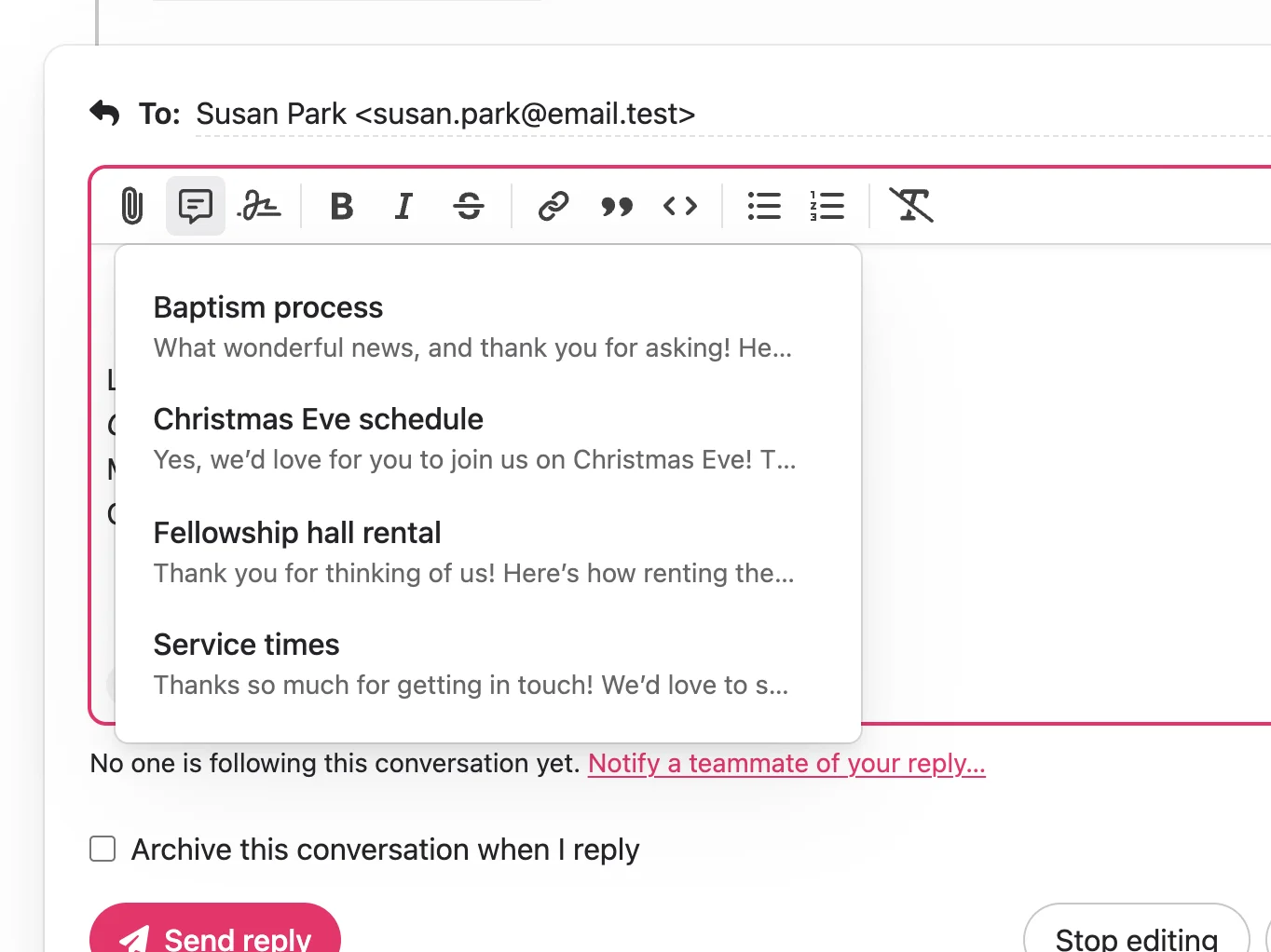 Picking a Saved Reply about fellowship hall rental while answering a booking request in Jelly