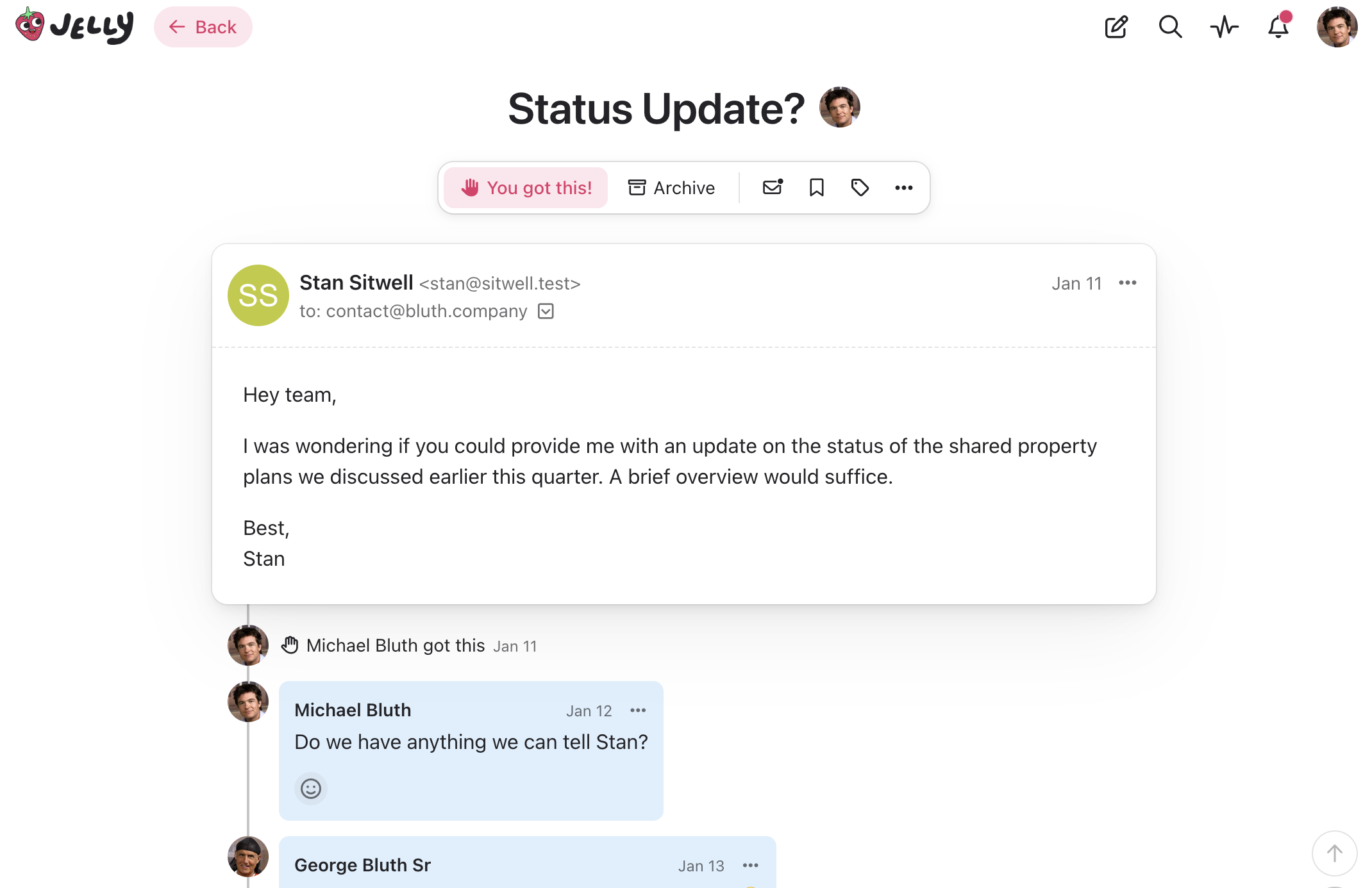 Screenshot of Jelly's shared inbox interface