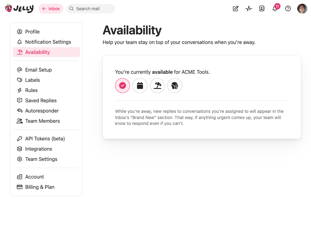 The availability settings page
