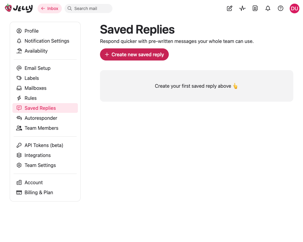 The saved replies settings page