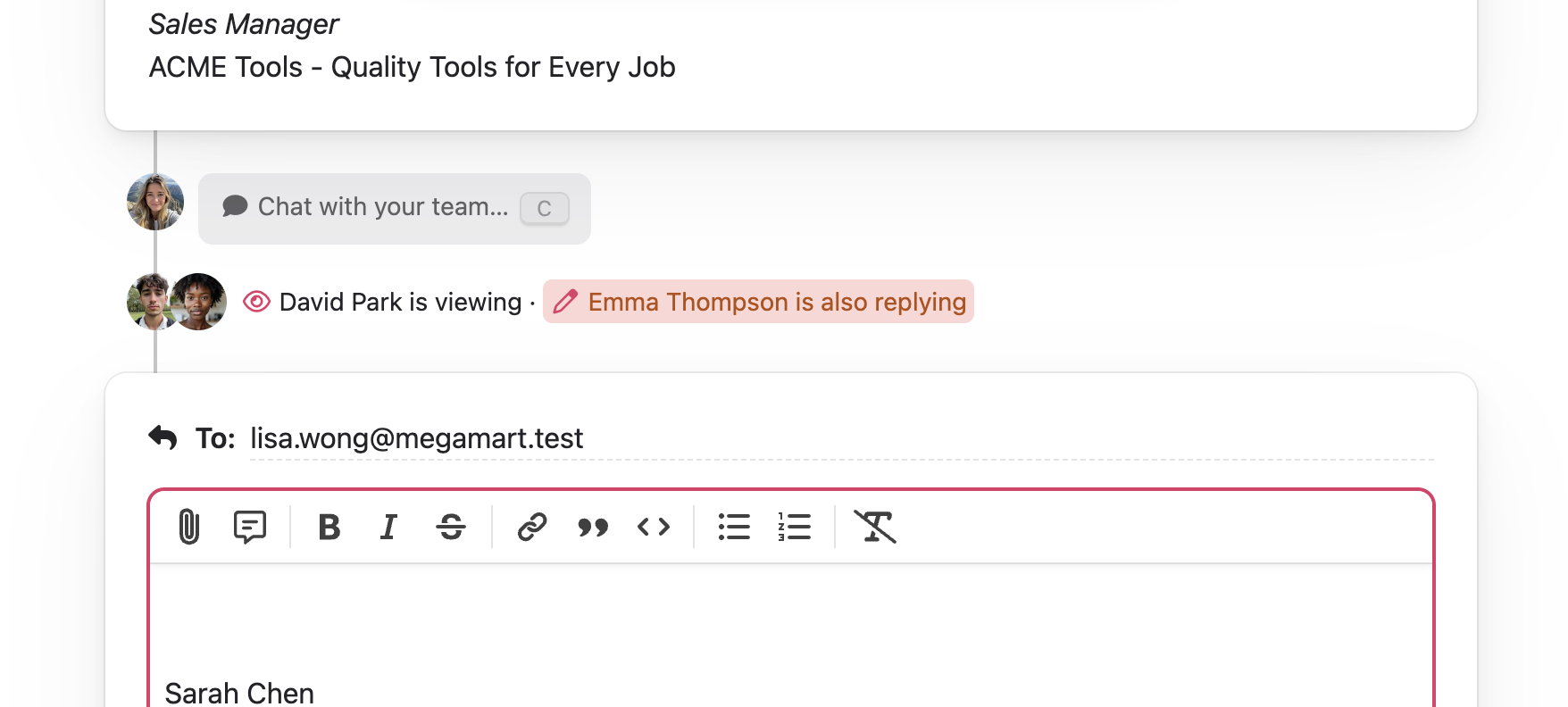 The presence bar showing a clash warning when two people are replying at the same time