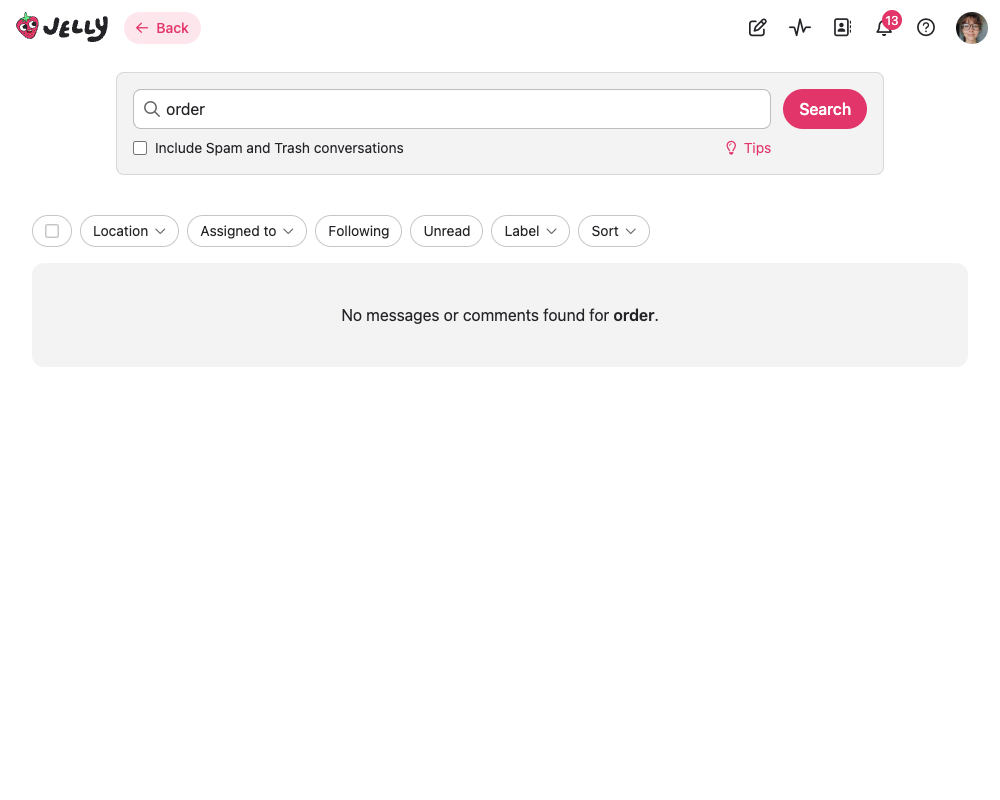Search results showing matching conversations alongside filters for status, team member and label