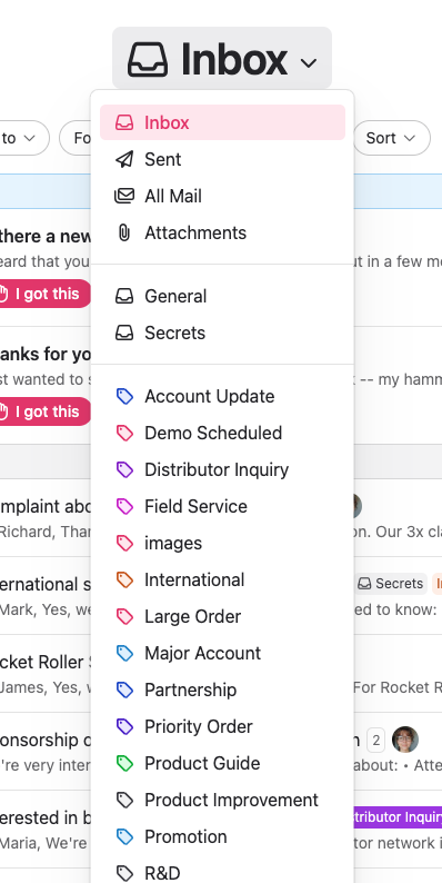 The Inbox menu, available by clicking “Inbox” at the top center of the Inbox, lists your labels, bookmarks, All Mail and other mailbox views