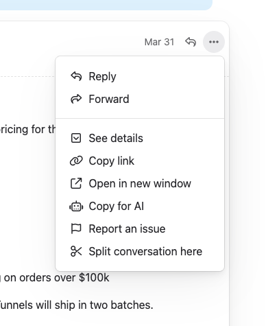 The message actions menu showing the Split conversation here option