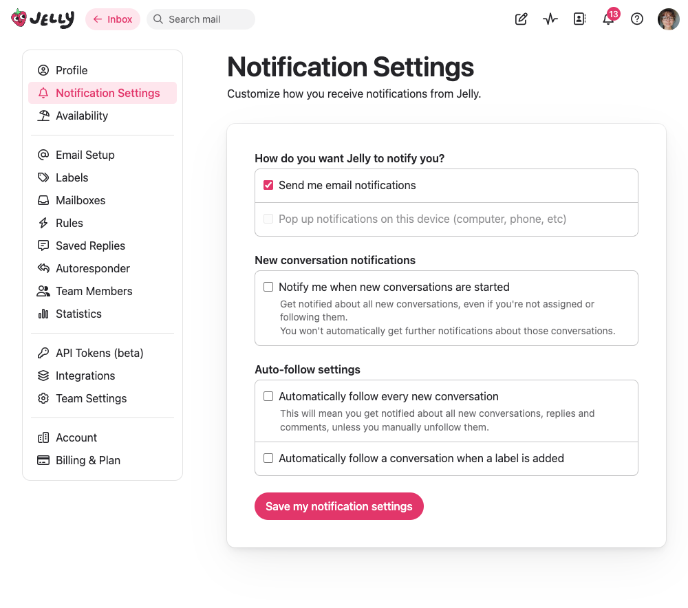 The Notification Settings page where you control how Jelly notifies you