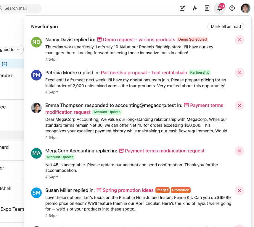 The notifications popover, opened from the bell icon in the header