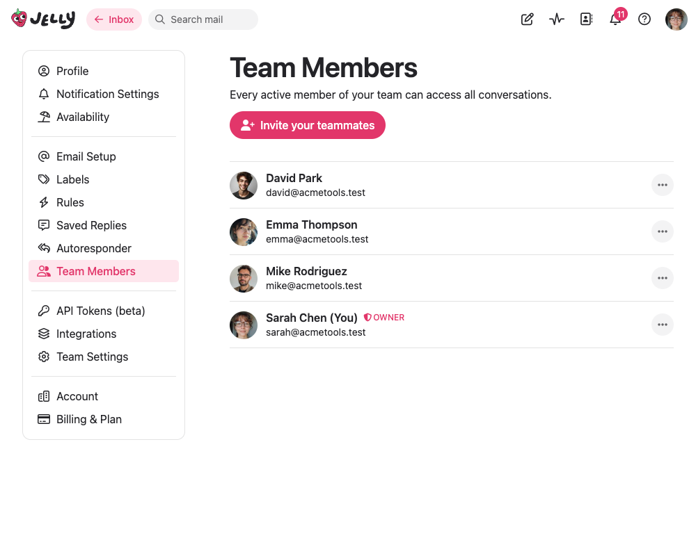 The team members settings page