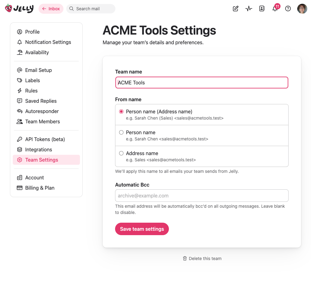 The team settings page