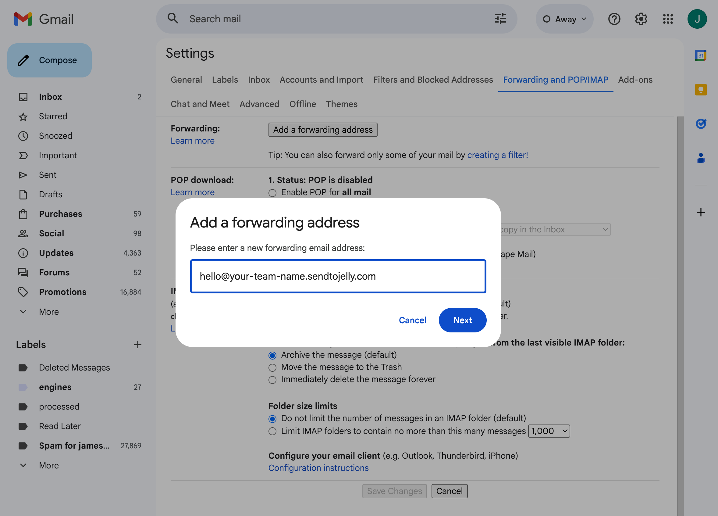 Google setup - add your forwarding address