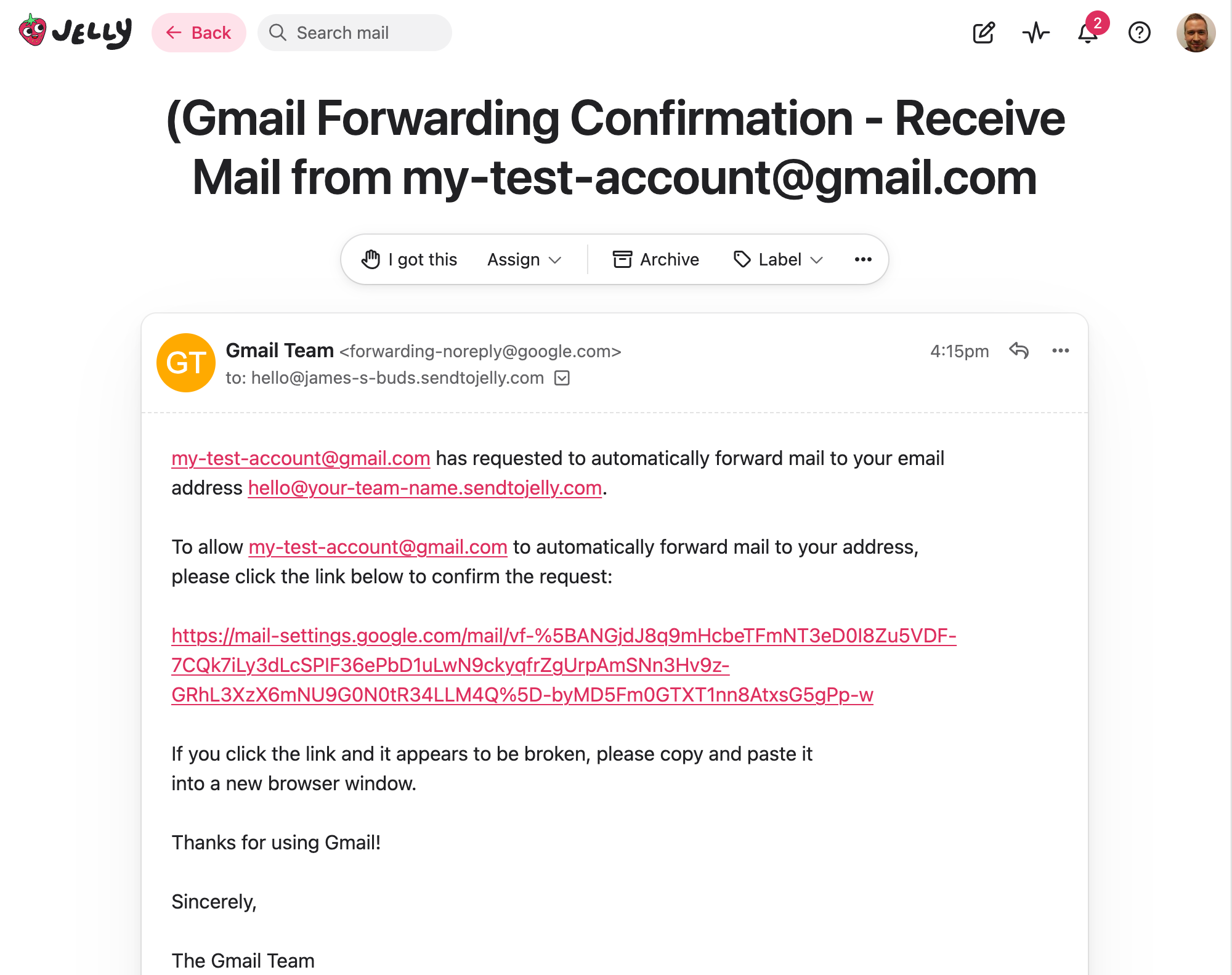 Google setup - confirm in Jelly
