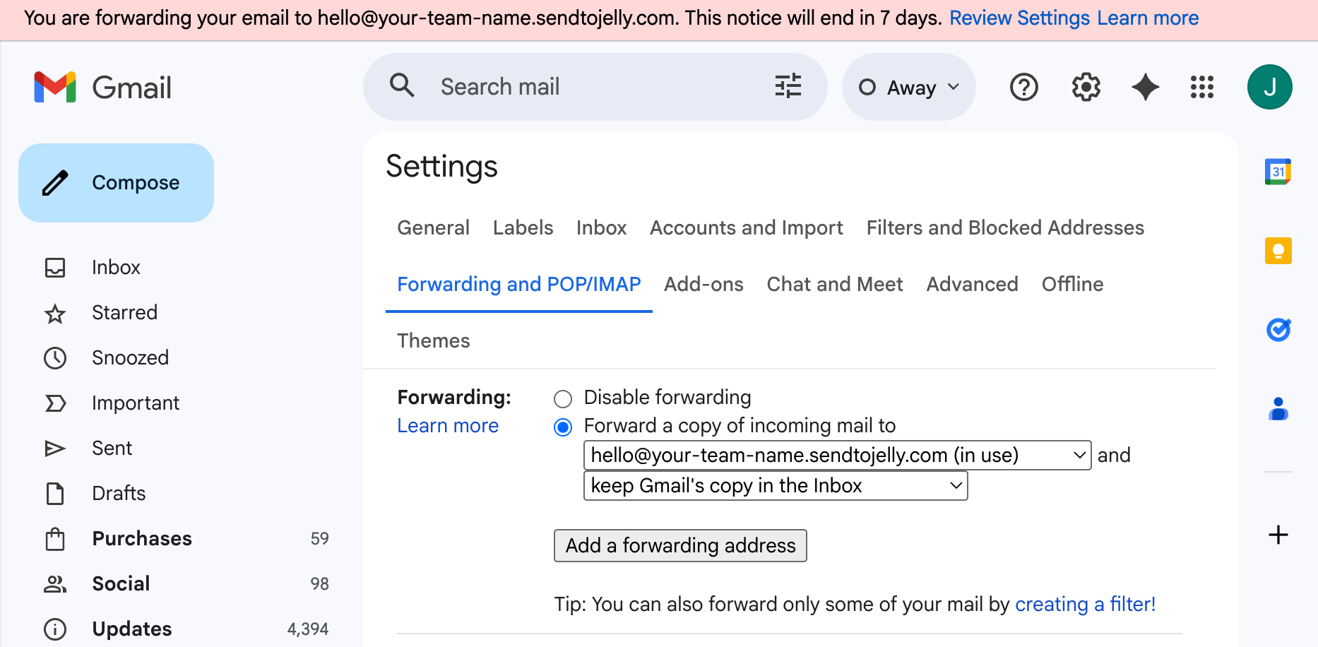 Google setup -- forwarding completed